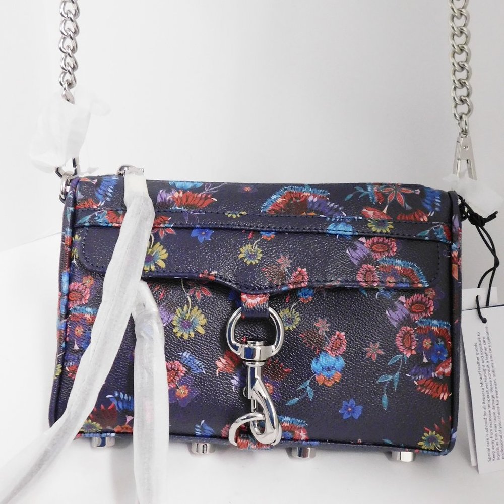 New Rebecca Minkoff Mini Mac Blue Floral Leather Crossbody Bag